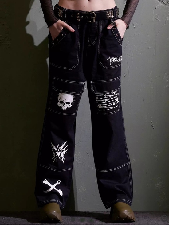 Hot Topic Pants - Hot Topic Black Punk Icons Wide Leg Cargo Pants Size 9 Emo Punk Goth Metal Skull